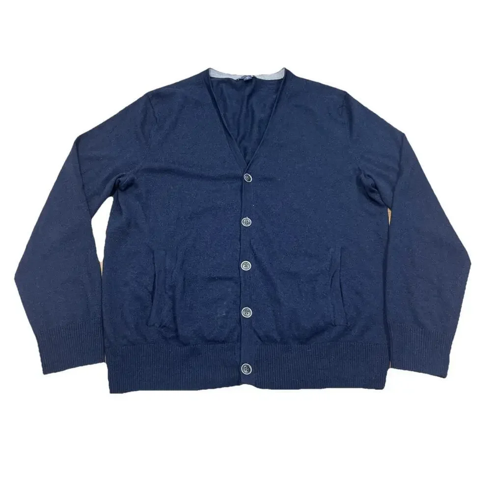 Gap Y2K Extra Fine Merino Wool Cardigan Sweater Mens XL Navy Blue Academia
